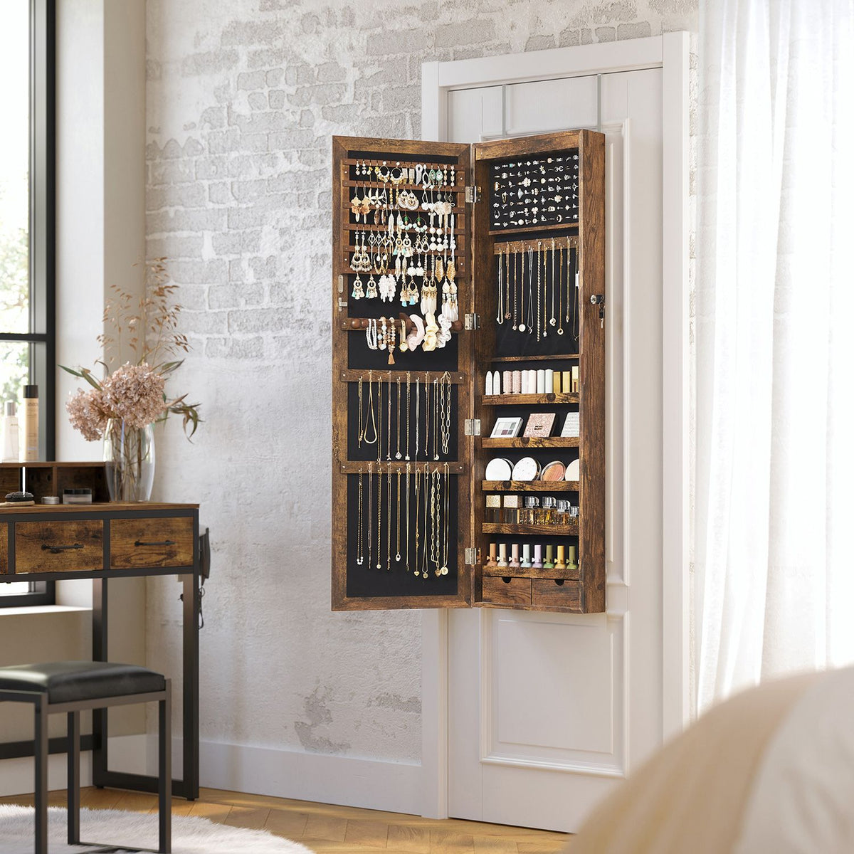 6 LEDs Jewelry Cabinet, Lockable Wall/Door Mounted Jewelry Armoire Organizer with Mirror and 2 Drawers