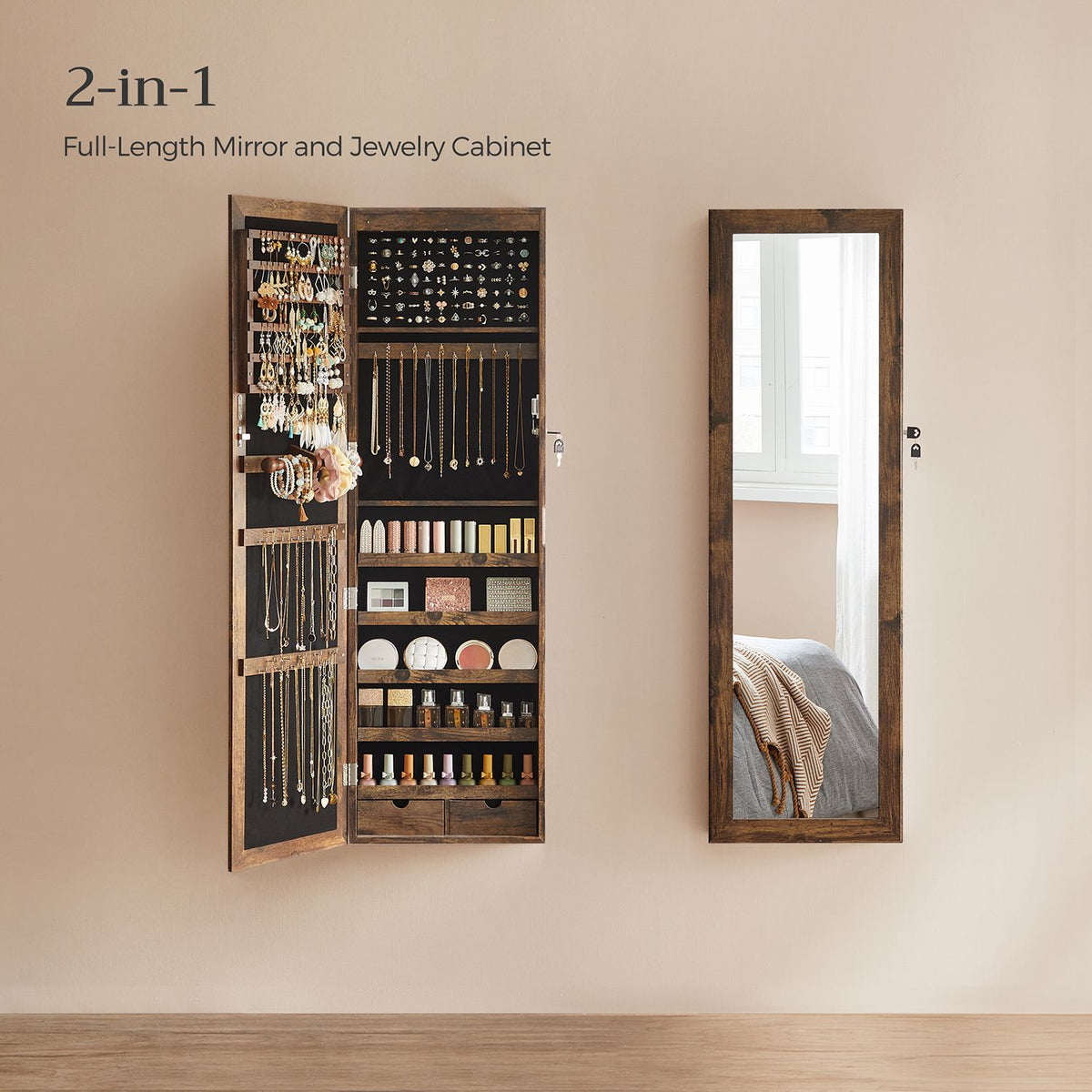 6 LEDs Jewelry Cabinet, Lockable Wall/Door Mounted Jewelry Armoire Organizer with Mirror and 2 Drawers