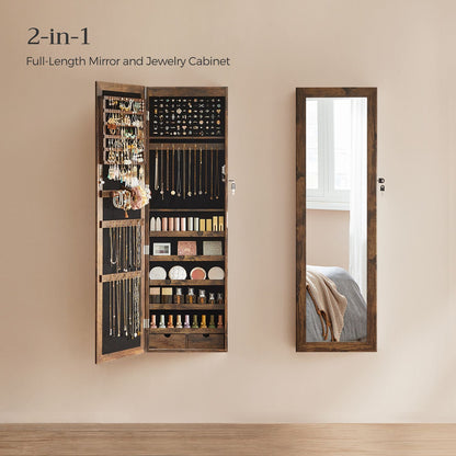 6 LEDs Jewelry Cabinet, Lockable Wall/Door Mounted Jewelry Armoire Organizer with Mirror and 2 Drawers