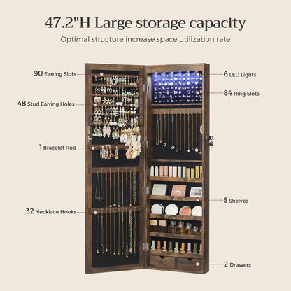 6 LEDs Jewelry Cabinet, Lockable Wall/Door Mounted Jewelry Armoire Organizer with Mirror and 2 Drawers