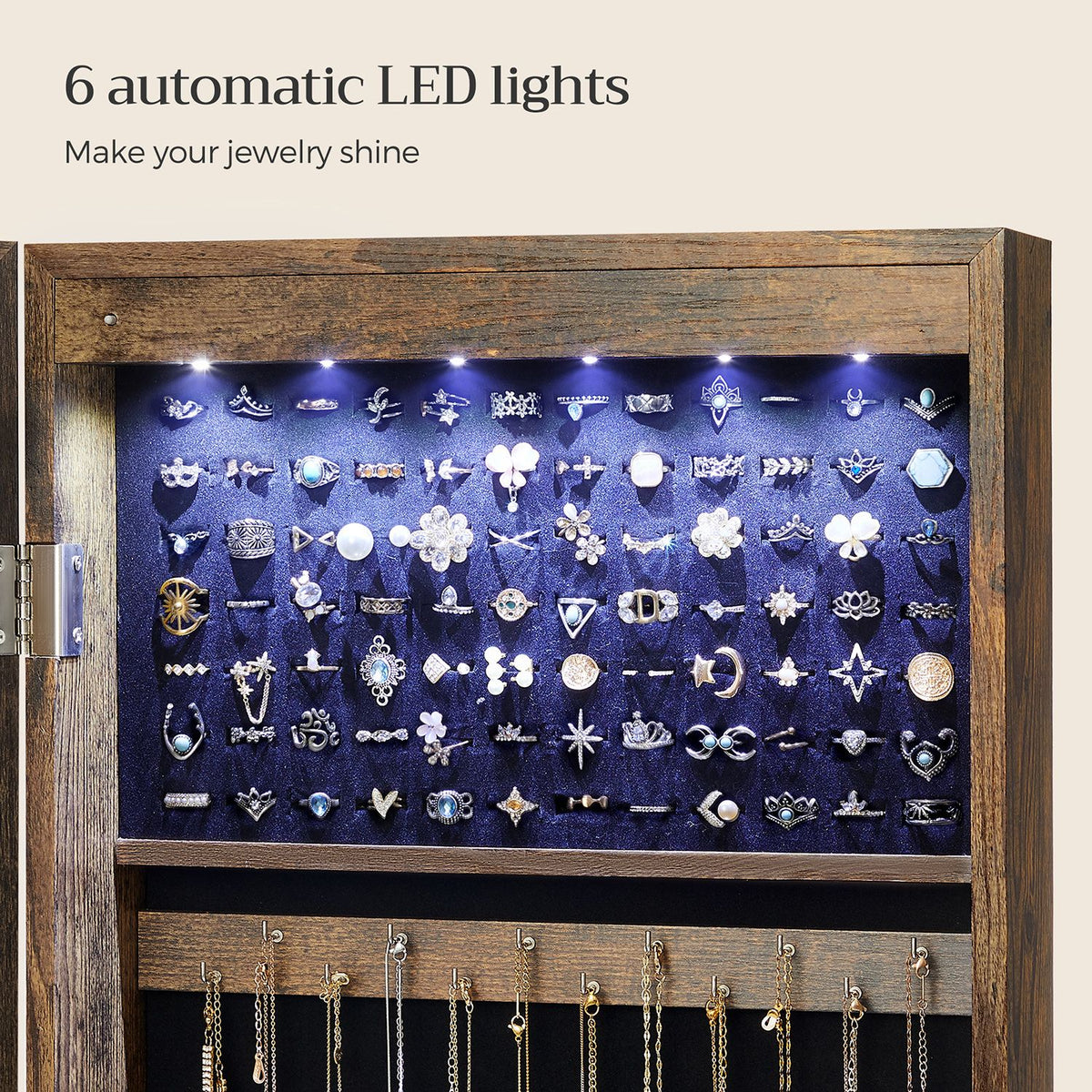 6 LEDs Jewelry Cabinet, Lockable Wall/Door Mounted Jewelry Armoire Organizer with Mirror and 2 Drawers