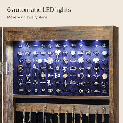 6 LEDs Jewelry Cabinet, Lockable Wall/Door Mounted Jewelry Armoire Organizer with Mirror and 2 Drawers