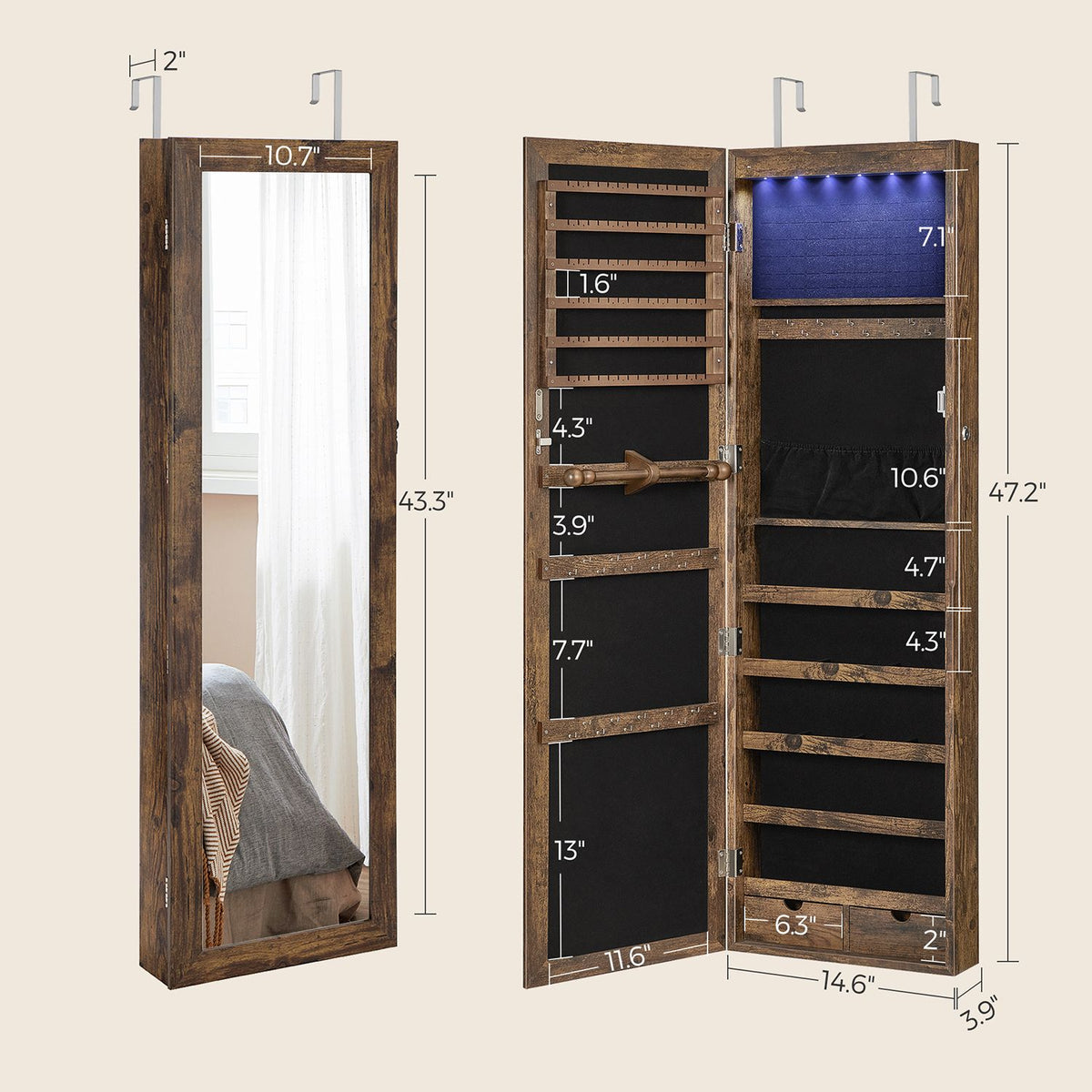6 LEDs Jewelry Cabinet, Lockable Wall/Door Mounted Jewelry Armoire Organizer with Mirror and 2 Drawers