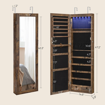 6 LEDs Jewelry Cabinet, Lockable Wall/Door Mounted Jewelry Armoire Organizer with Mirror and 2 Drawers