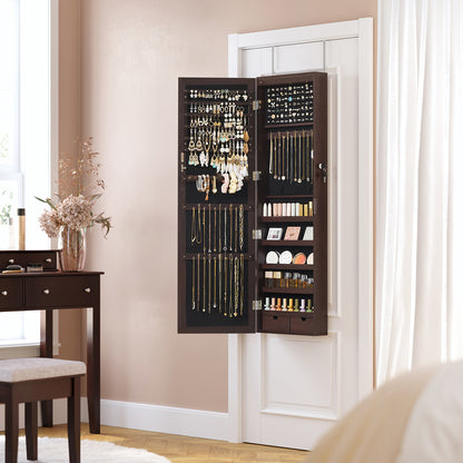 6 LEDs Jewelry Cabinet, Lockable Wall/Door Mounted Jewelry Armoire Organizer with Mirror and 2 Drawers