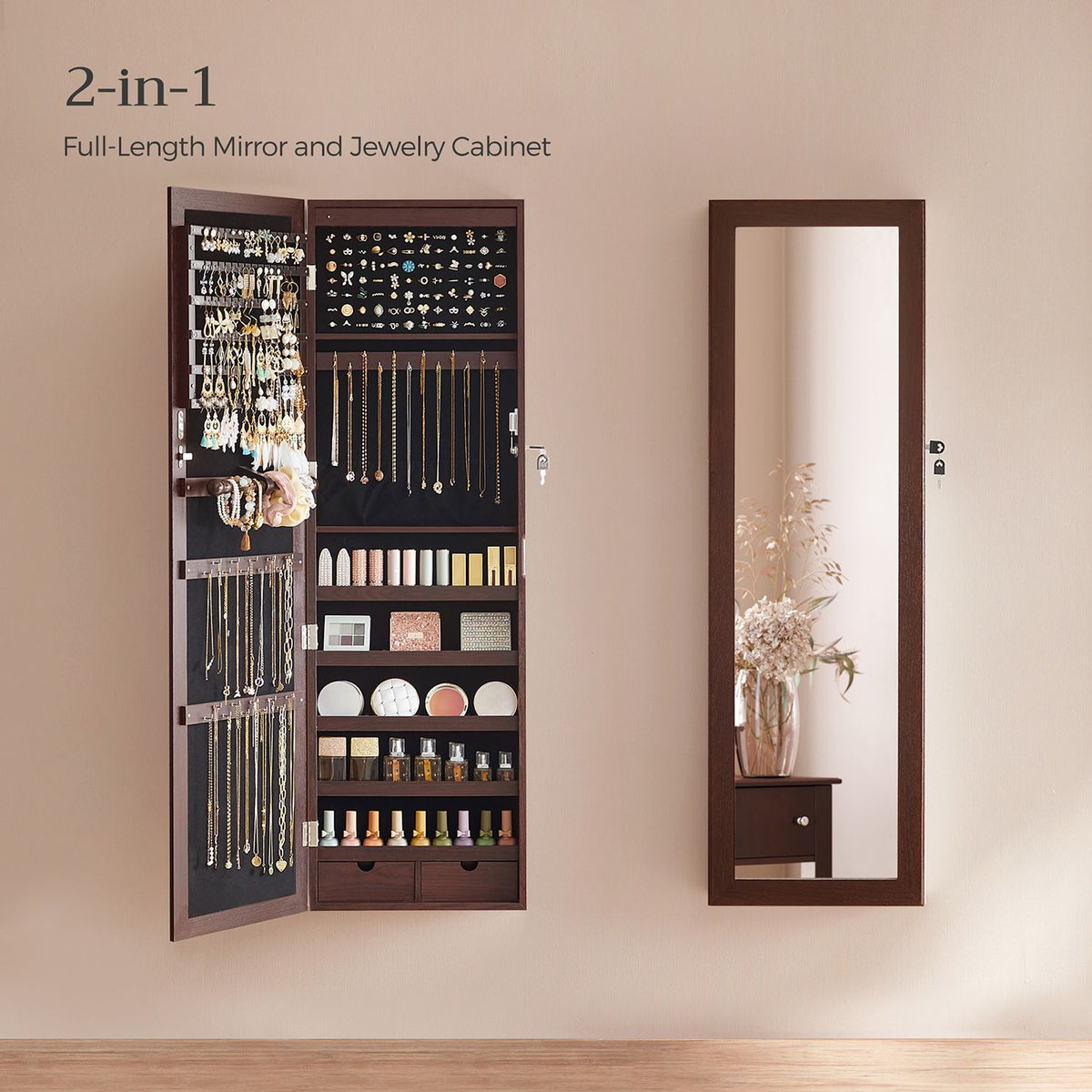 6 LEDs Jewelry Cabinet, Lockable Wall/Door Mounted Jewelry Armoire Organizer with Mirror and 2 Drawers
