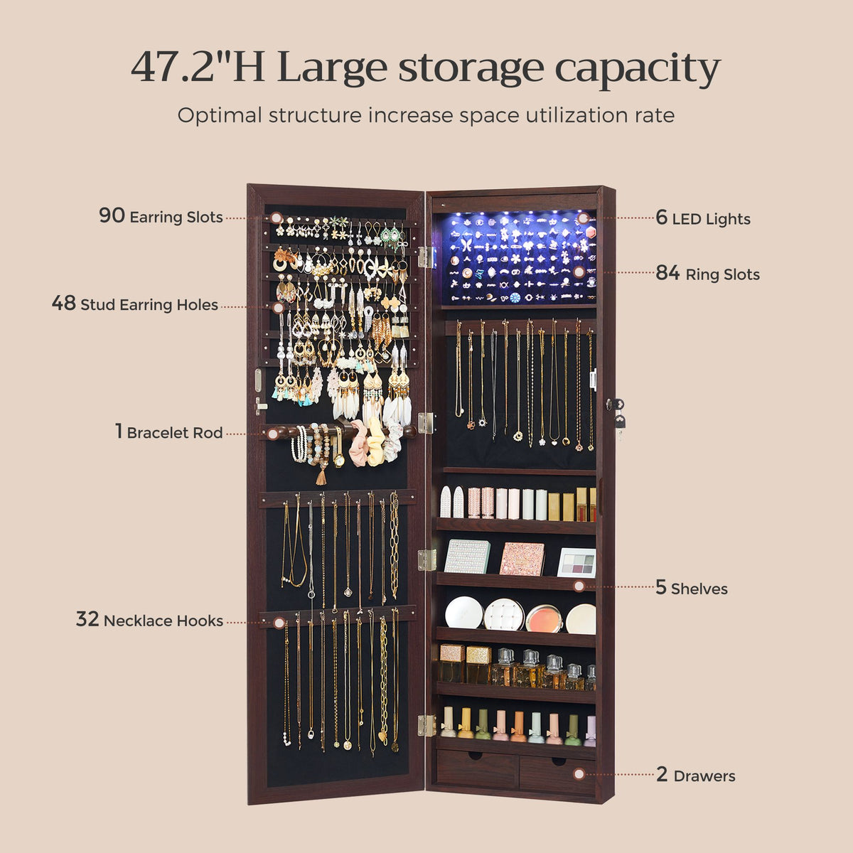 6 LEDs Jewelry Cabinet, Lockable Wall/Door Mounted Jewelry Armoire Organizer with Mirror and 2 Drawers