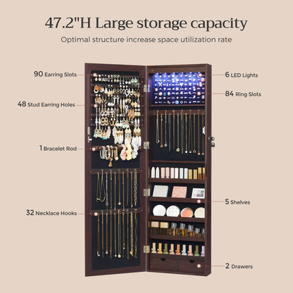 6 LEDs Jewelry Cabinet, Lockable Wall/Door Mounted Jewelry Armoire Organizer with Mirror and 2 Drawers