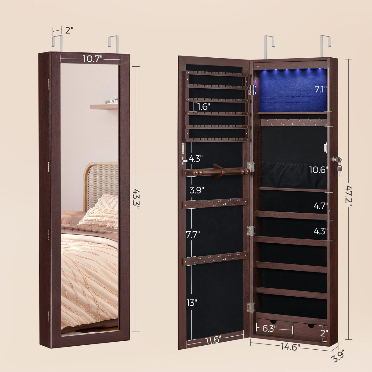 6 LEDs Jewelry Cabinet, Lockable Wall/Door Mounted Jewelry Armoire Organizer with Mirror and 2 Drawers