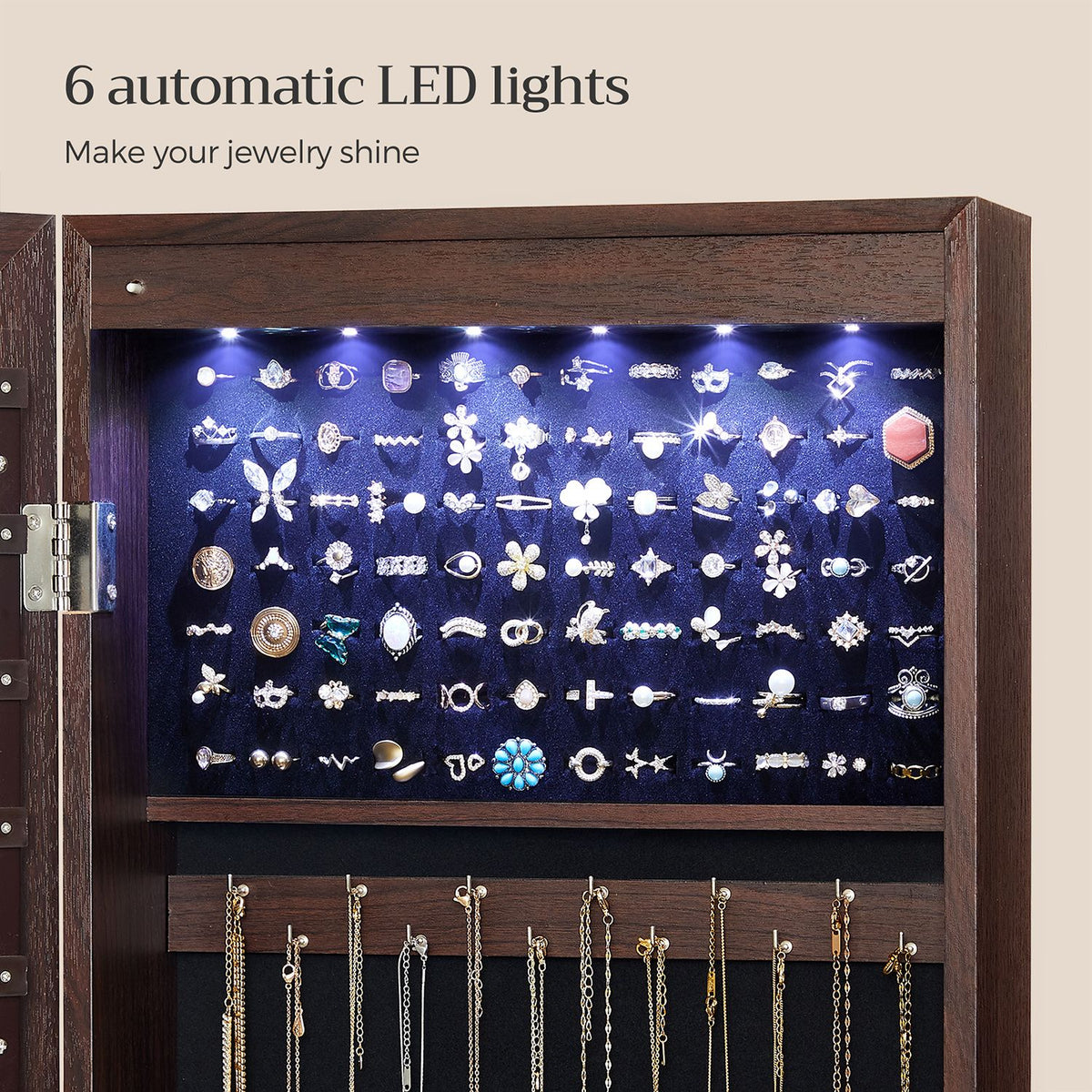 6 LEDs Jewelry Cabinet, Lockable Wall/Door Mounted Jewelry Armoire Organizer with Mirror and 2 Drawers