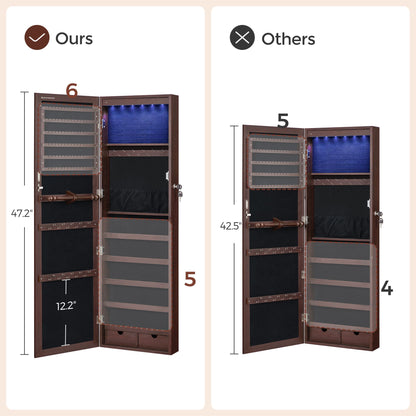 6 LEDs Jewelry Cabinet, Lockable Wall/Door Mounted Jewelry Armoire Organizer with Mirror and 2 Drawers