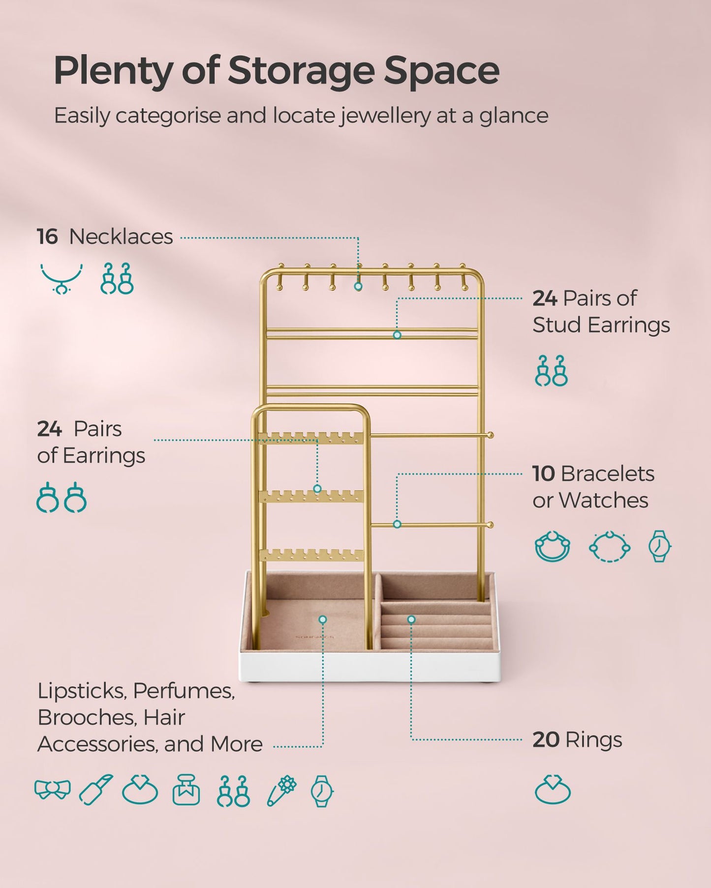 Jewellery Display Stand with Gold Metal Frame and Velvet Tray - image 5