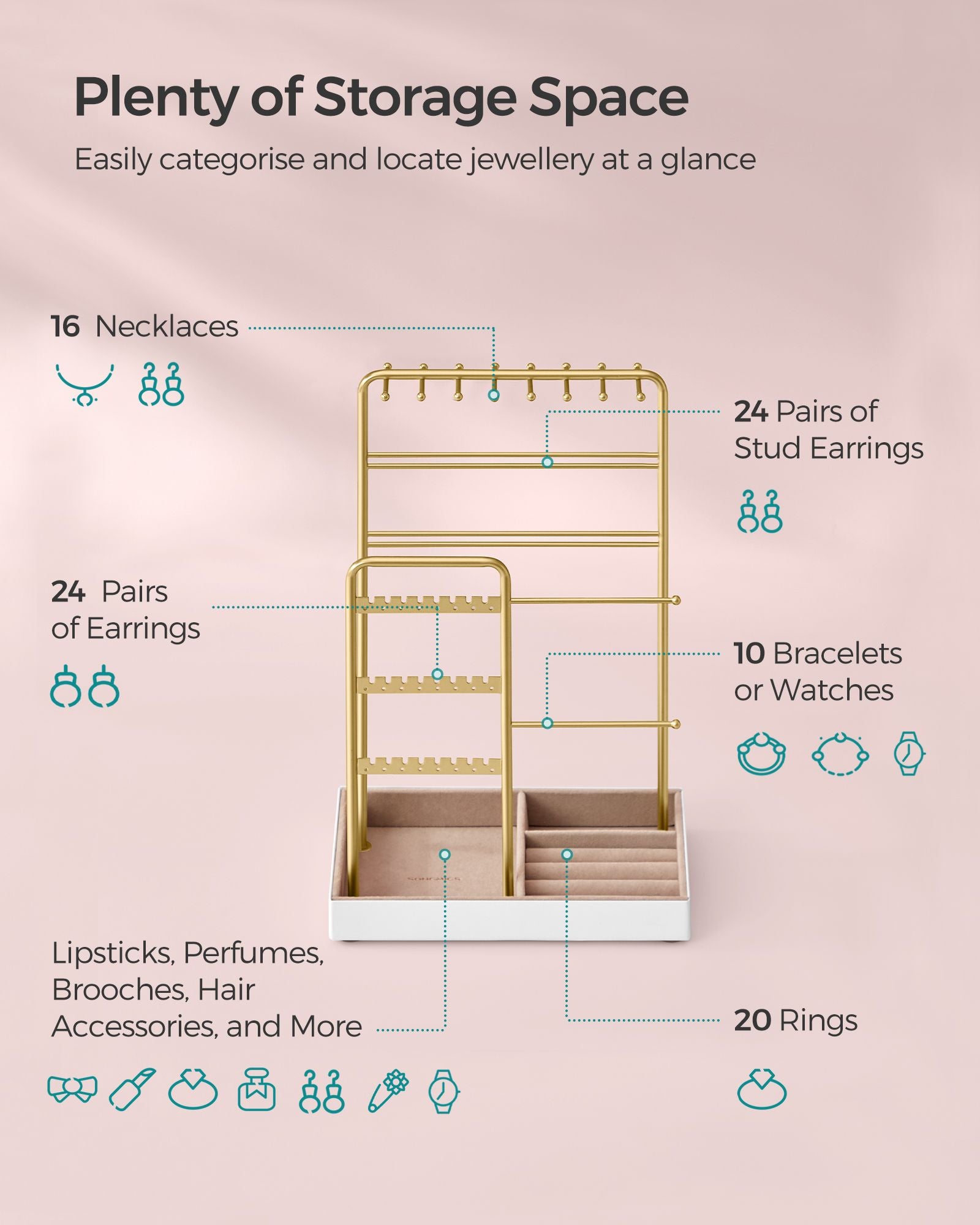 Jewellery Display Stand with Gold Metal Frame and Velvet Tray - image 5