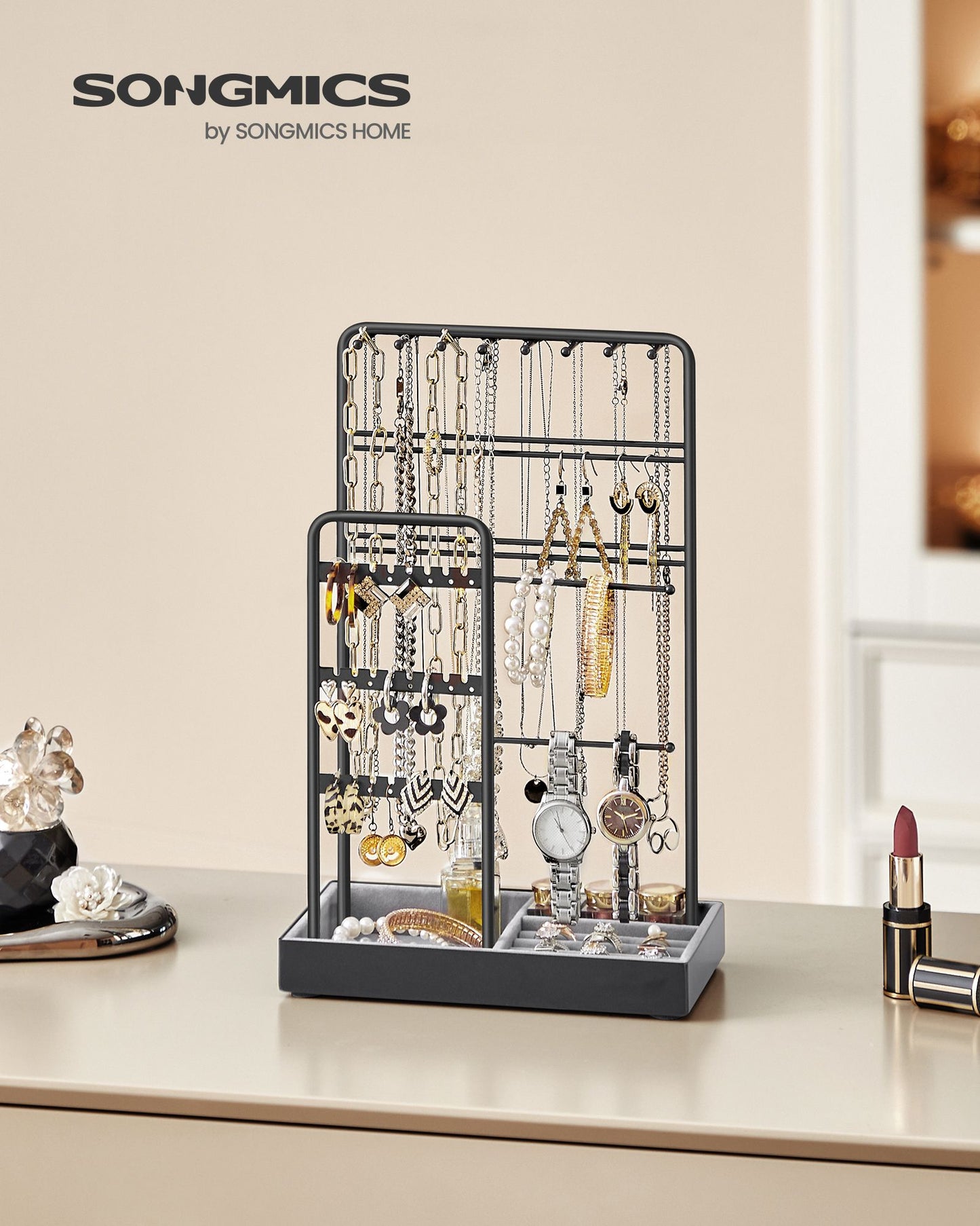 Jewelry Holder with Metal Frame and Velvet Tray - HWLEXTRA 