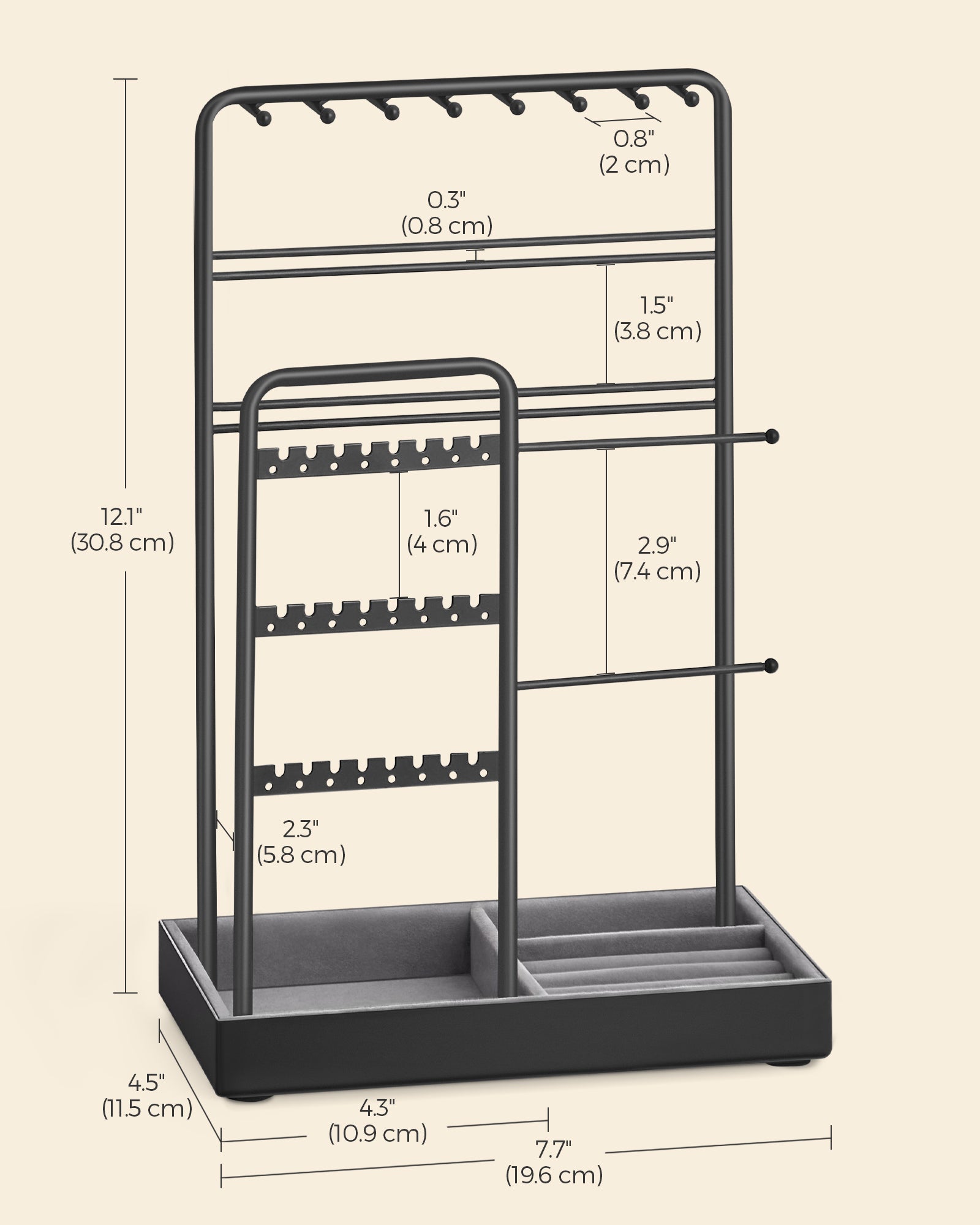 Jewelry Holder with Metal Frame and Velvet Tray - HWLEXTRA 