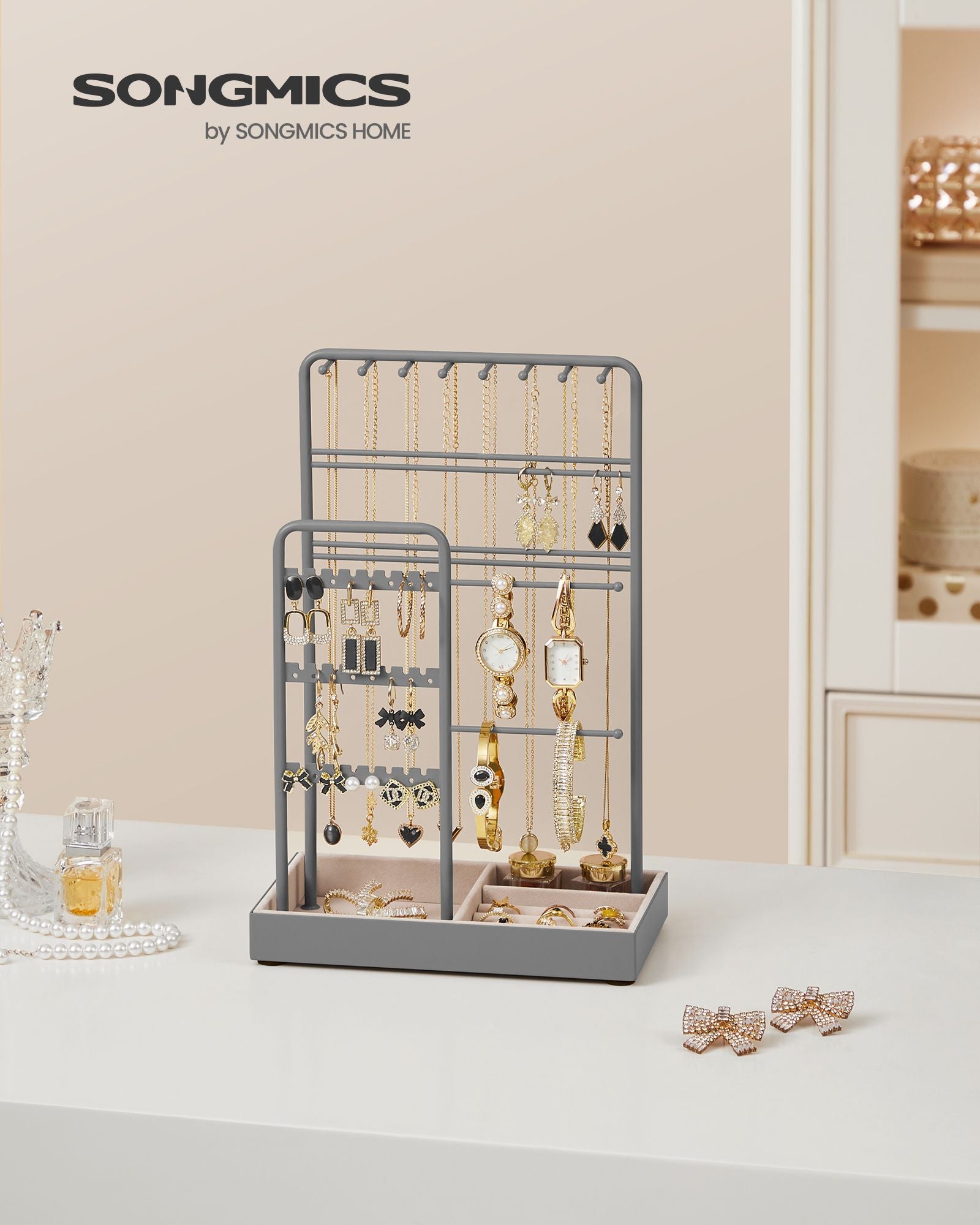 Jewelry Holder with Metal Frame and Velvet Tray - HWLEXTRA 