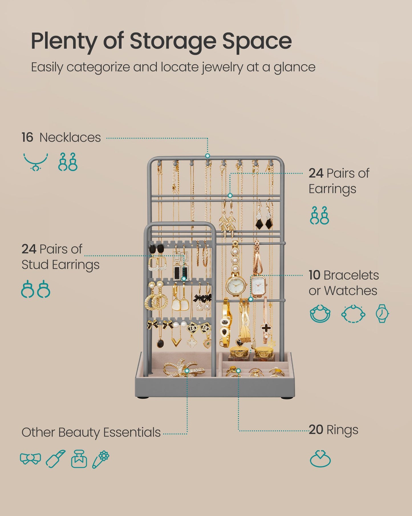 Jewelry Holder with Metal Frame and Velvet Tray - HWLEXTRA 