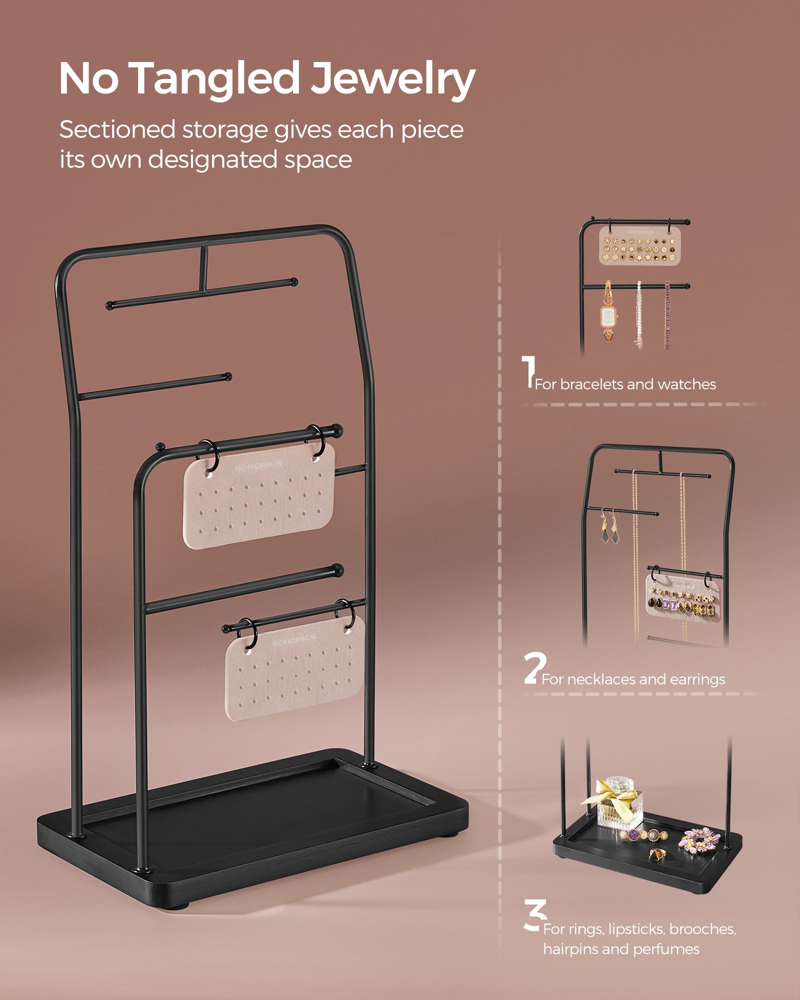 Jewelry Stand with Metal Frame, 2 Earring Boards, 6 Hanging Rods - image 4