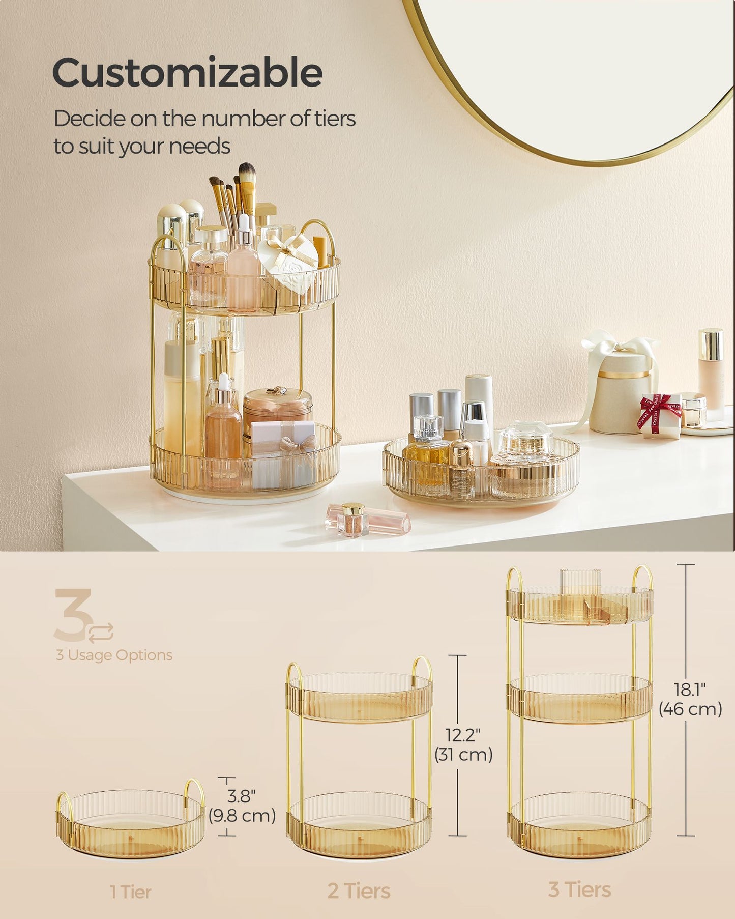 3-Tier Round Rotating Skincare Organizer Countertop - HWLEXTRA 
