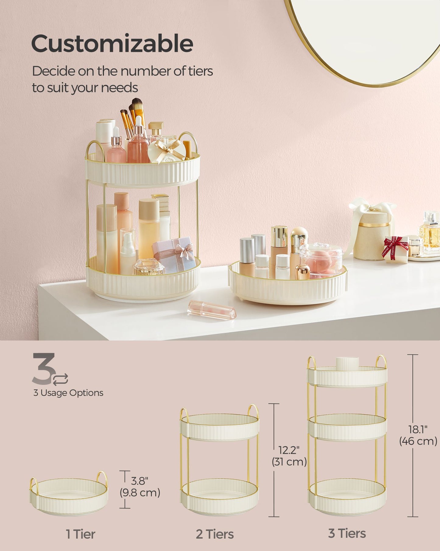 3-Tier Round Rotating Skincare Organizer Countertop - HWLEXTRA 