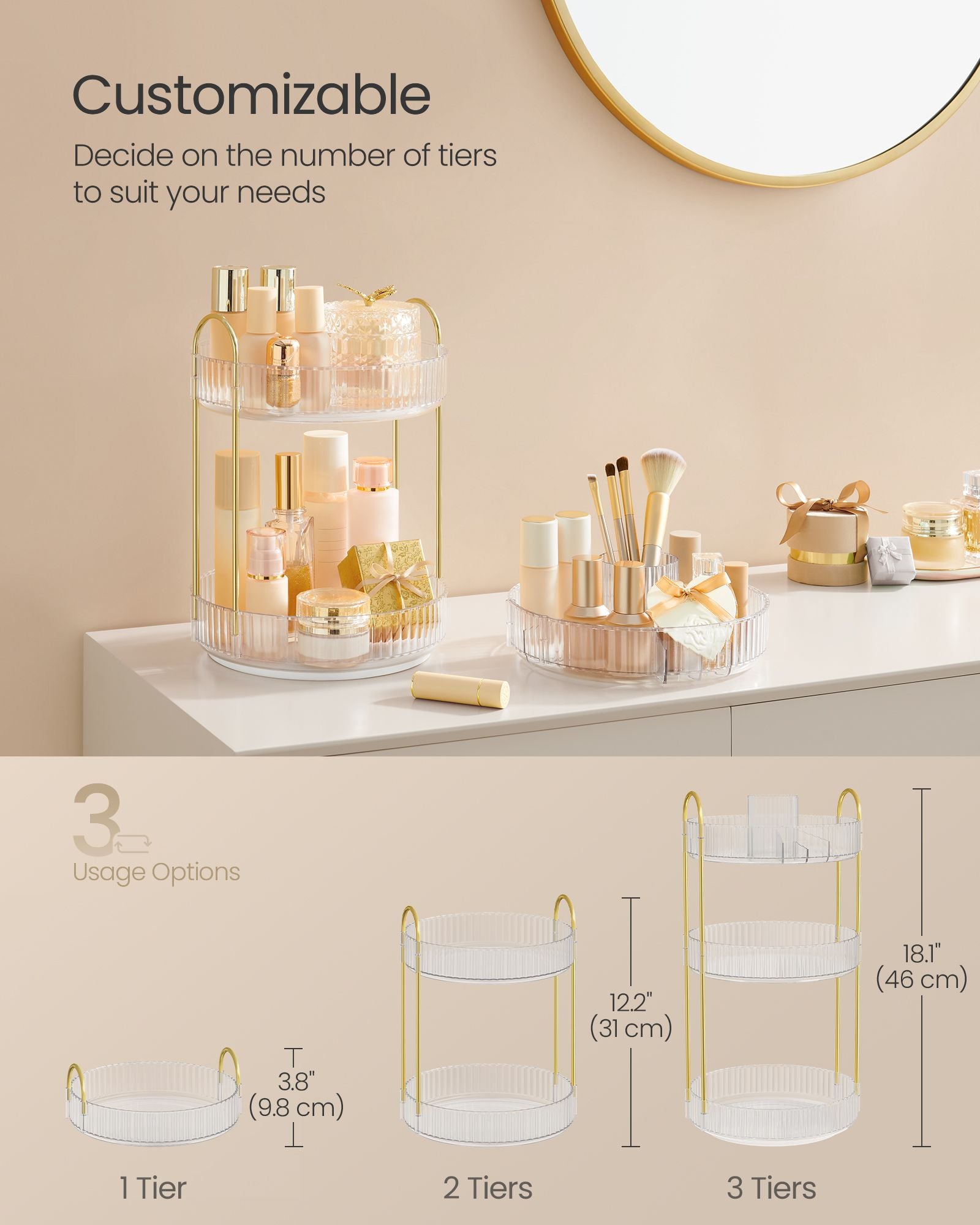 3-Tier Round Rotating Skincare Organizer Countertop - HWLEXTRA 