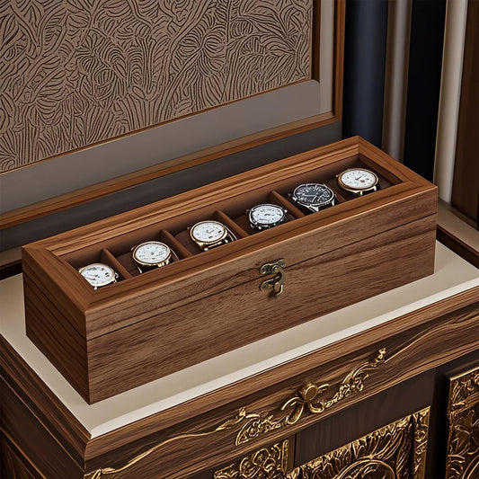 6-Slot Watch Box Organiser, Wood Watch Display Case with Glass Lid, Gift for Loved Ones, Rustic Walnut Color - image 1