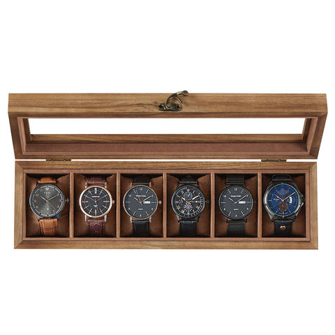 6-Slot Solid Wood Watch Case with Glass Lid
