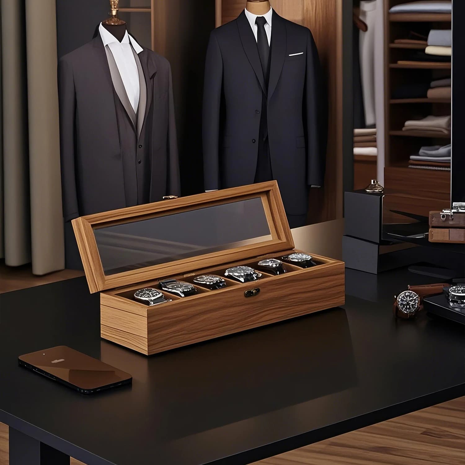 6-Slot Watch Box Organiser, Wood Watch Display Case with Glass Lid, Gift for Loved Ones, Rustic Walnut Color - image 2