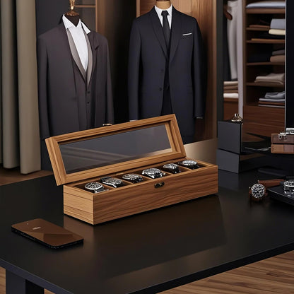 6-Slot Watch Box Organiser, Wood Watch Display Case with Glass Lid, Gift for Loved Ones, Rustic Walnut Color - image 2