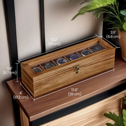 6-Slot Watch Box Organiser, Wood Watch Display Case with Glass Lid, Gift for Loved Ones, Rustic Walnut Color - image 6