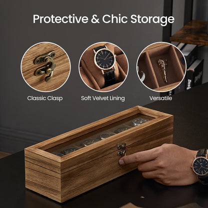 6-Slot Watch Box Organiser, Wood Watch Display Case with Glass Lid, Gift for Loved Ones, Rustic Walnut Color - image 4