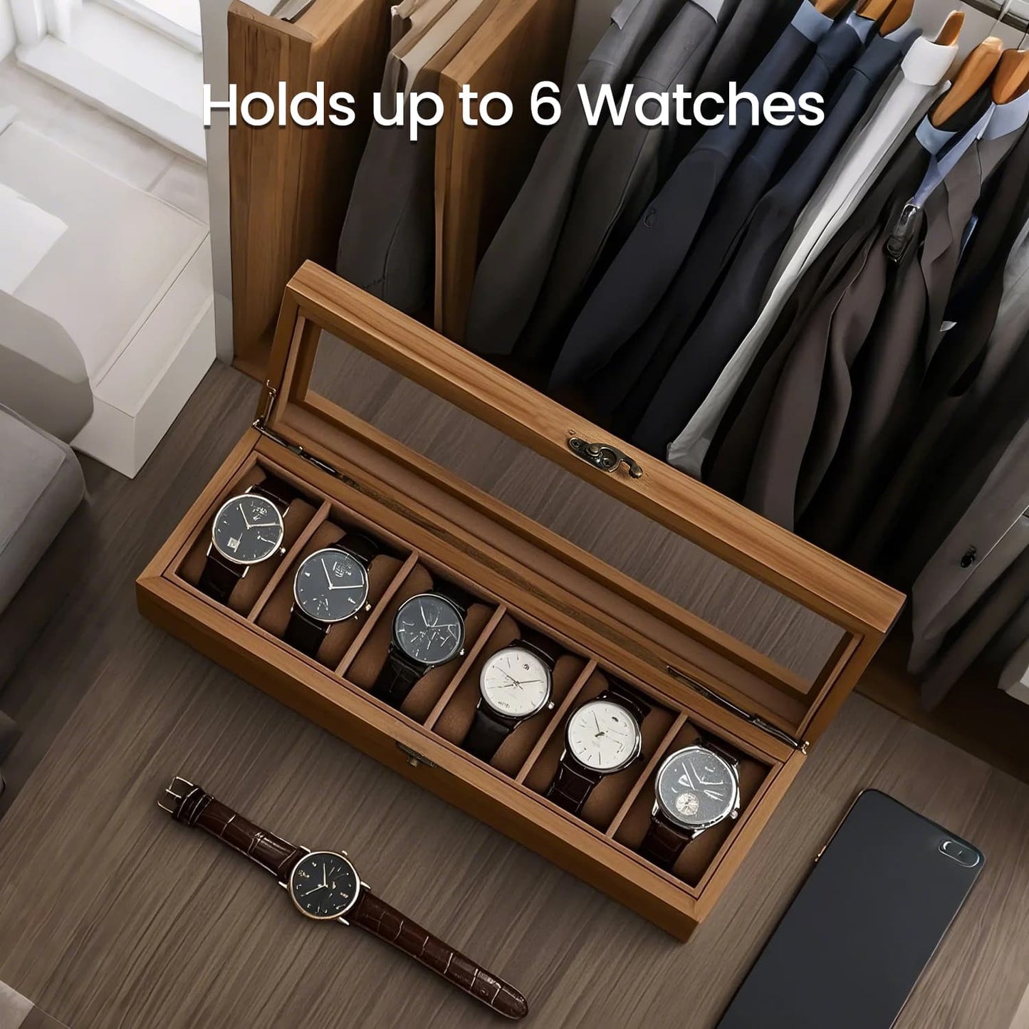 6-Slot Watch Box Organiser, Wood Watch Display Case with Glass Lid, Gift for Loved Ones, Rustic Walnut Color - image 3