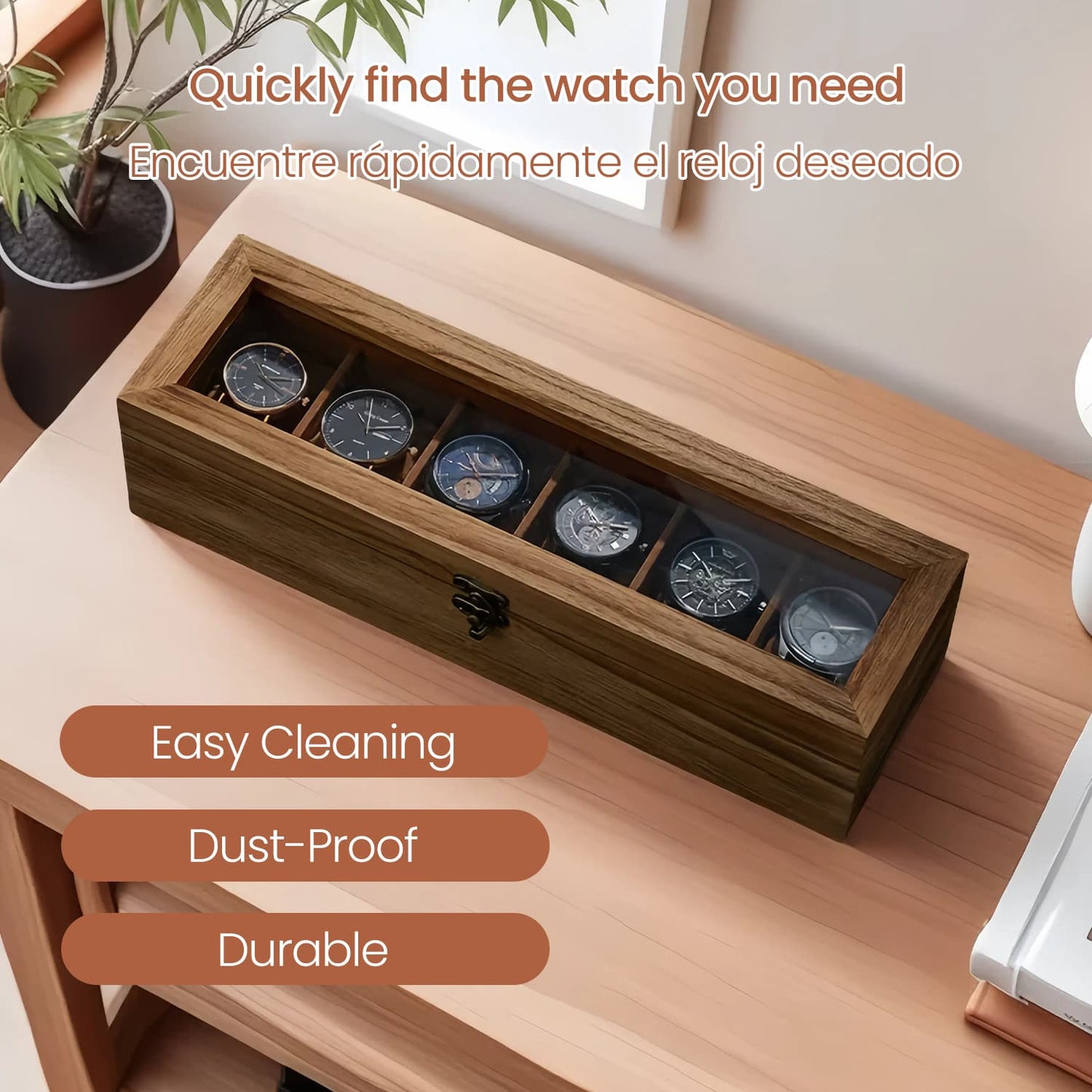 6-Slot Watch Box Organiser, Wood Watch Display Case with Glass Lid, Gift for Loved Ones, Rustic Walnut Color - image 5