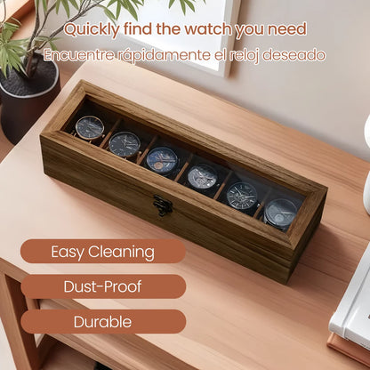 6-Slot Watch Box Organiser, Wood Watch Display Case with Glass Lid, Gift for Loved Ones, Rustic Walnut Color - image 5