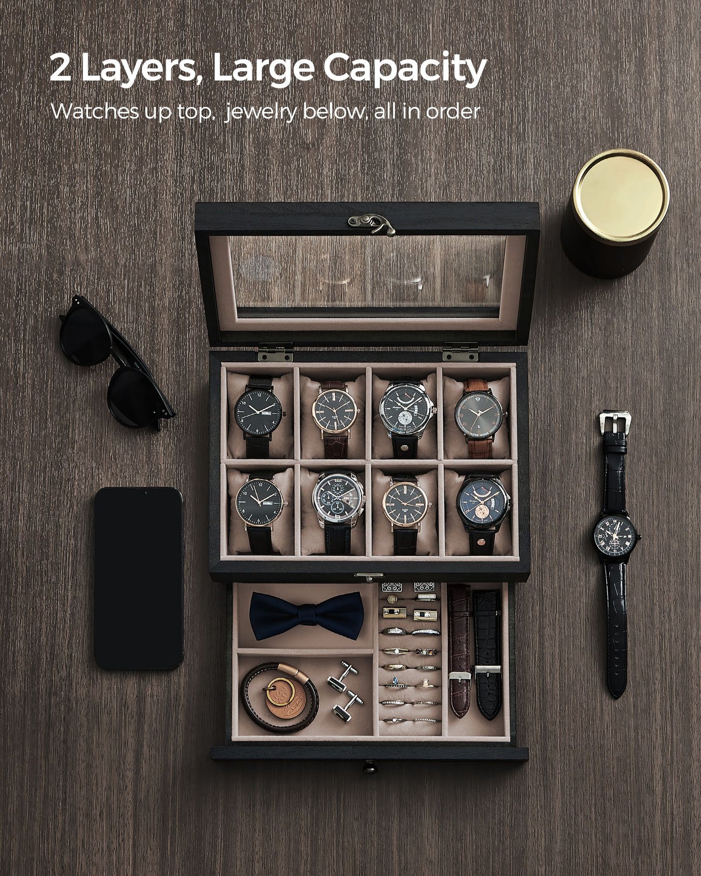 8-Slot Watch Box with Large Glass Lid