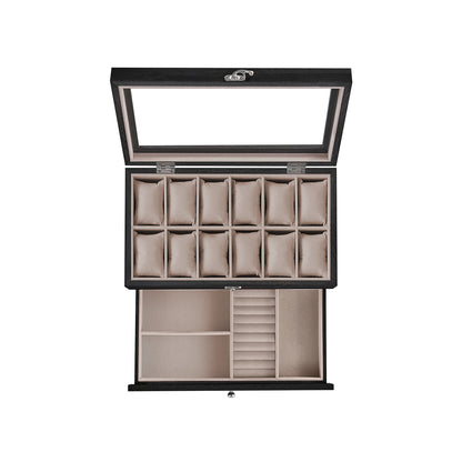 12-Slot Watch Box with Large Glass Lid - HWLEXTRA 
