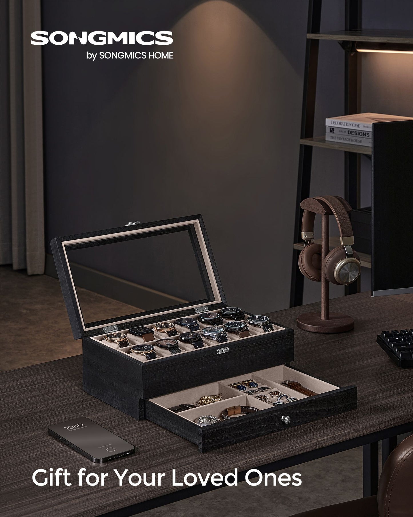 12-Slot Watch Box with Large Glass Lid - HWLEXTRA 