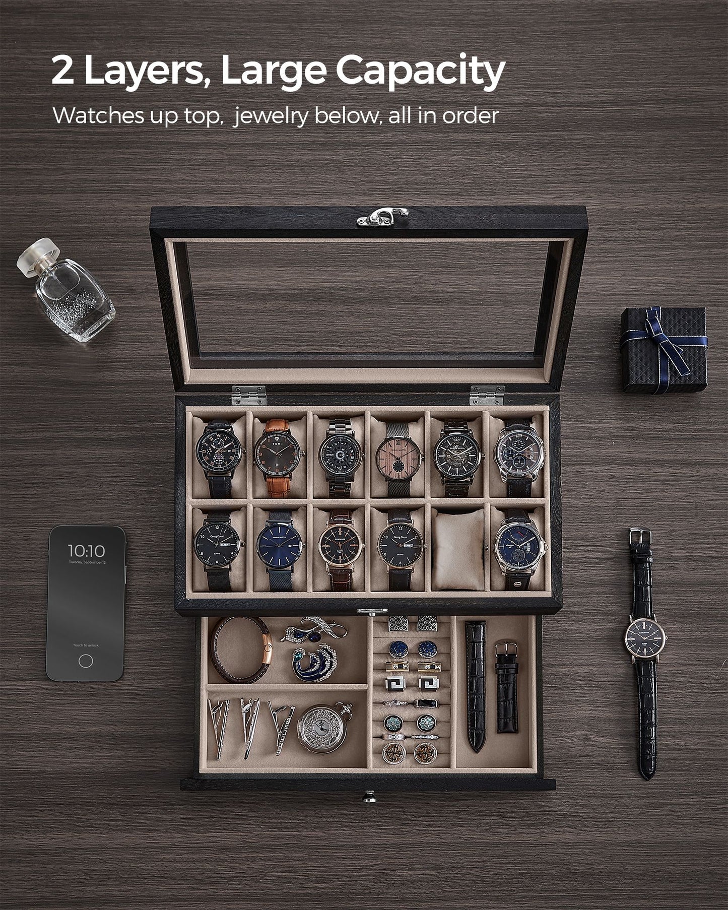 12-Slot Watch Box with Large Glass Lid - HWLEXTRA 