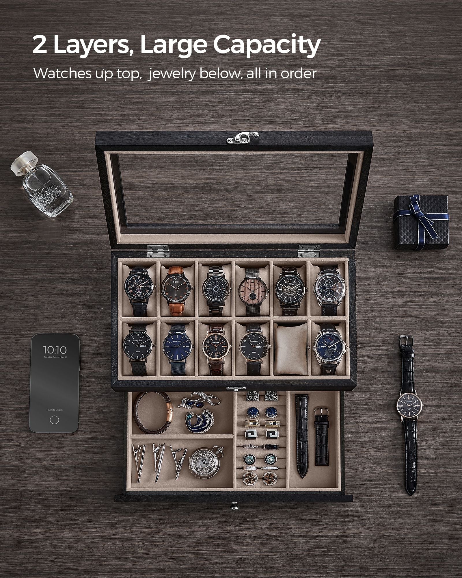 12-Slot Watch Box with Large Glass Lid - HWLEXTRA 