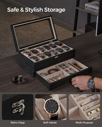 12-Slot Watch Box with Large Glass Lid - HWLEXTRA 