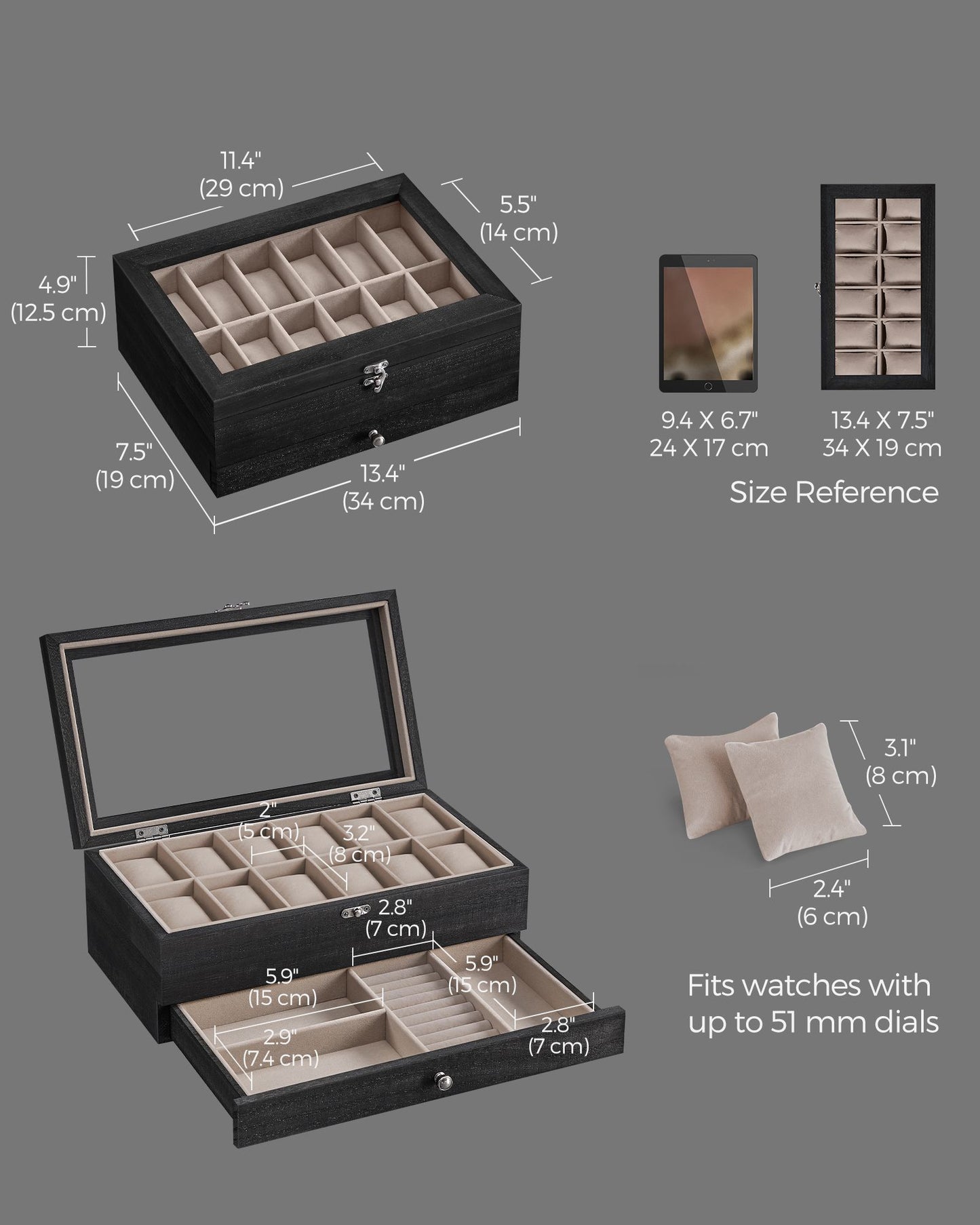 12-Slot Watch Box with Large Glass Lid - HWLEXTRA 