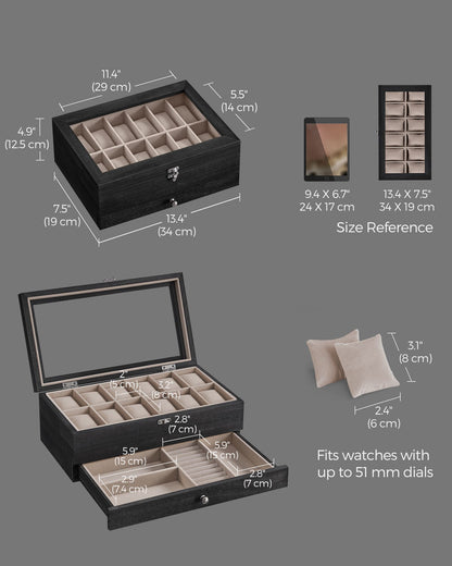 12-Slot Watch Box with Large Glass Lid - HWLEXTRA 