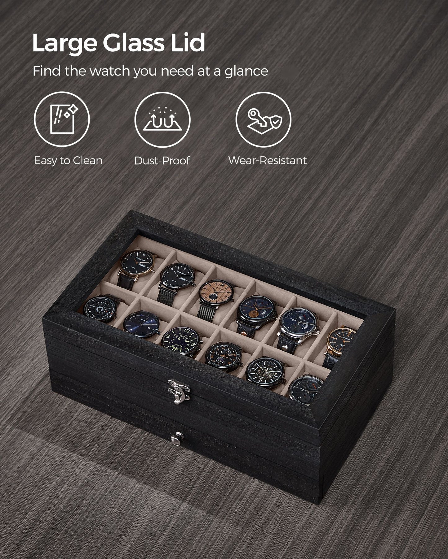 12-Slot Watch Box with Large Glass Lid - HWLEXTRA 