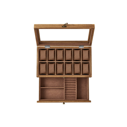 12-Slot Watch Box with Large Glass Lid - HWLEXTRA 