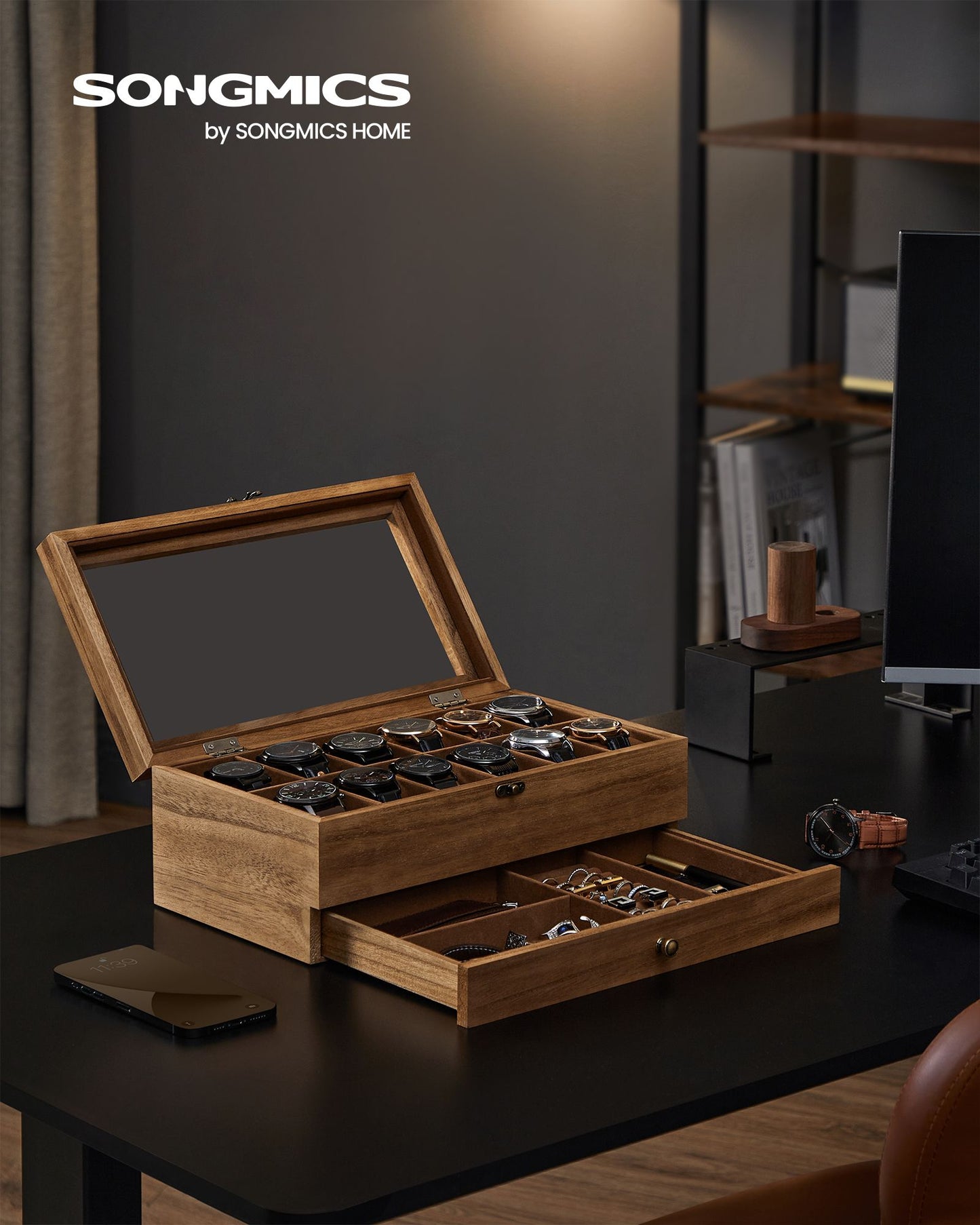 12-Slot Watch Box with Large Glass Lid - HWLEXTRA 
