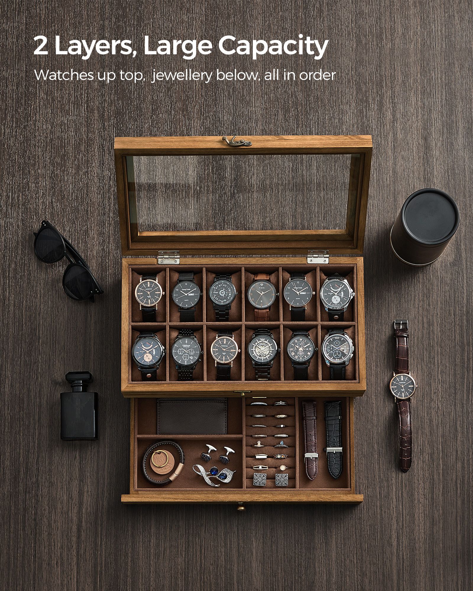12-Slot Watch Box with Large Glass Lid - HWLEXTRA 