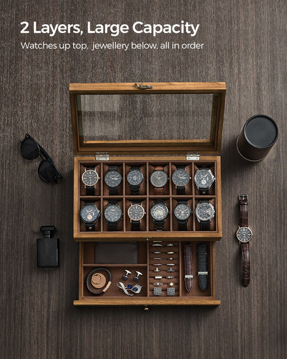 12-Slot Watch Box with Large Glass Lid - HWLEXTRA 
