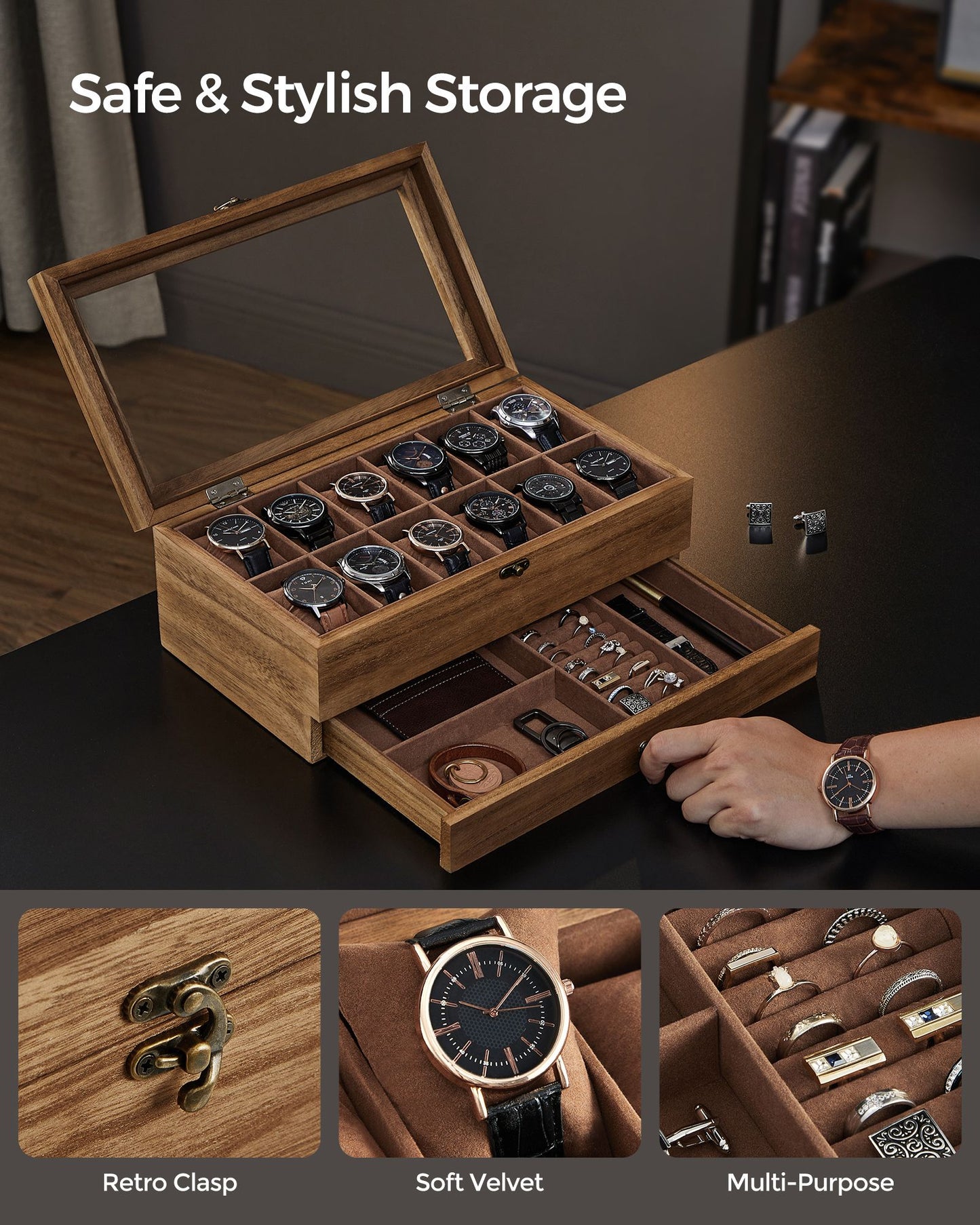 12-Slot Watch Box with Large Glass Lid - HWLEXTRA 