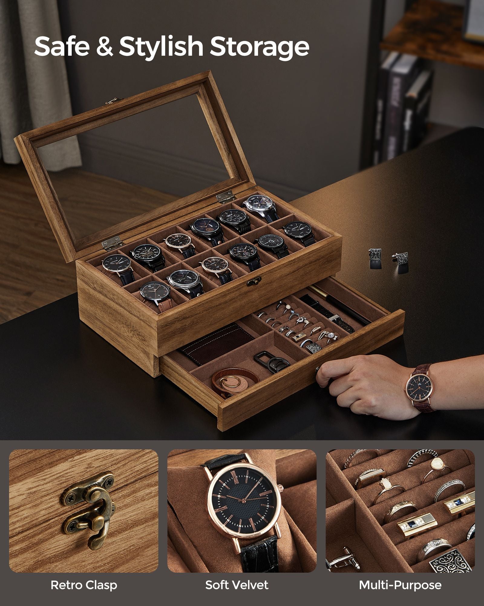 12-Slot Watch Box with Large Glass Lid - HWLEXTRA 