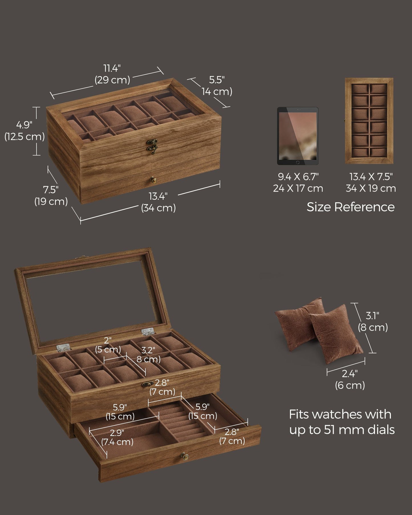 12-Slot Watch Box with Large Glass Lid - HWLEXTRA 